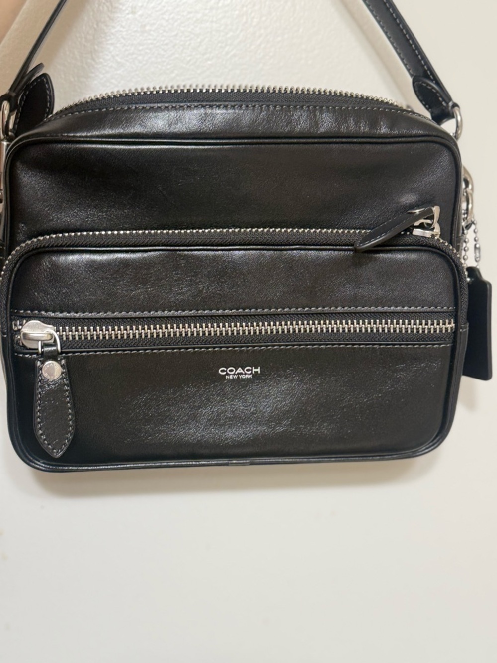 Coach Black Leather Messenger Crossbody with Silver Hardware